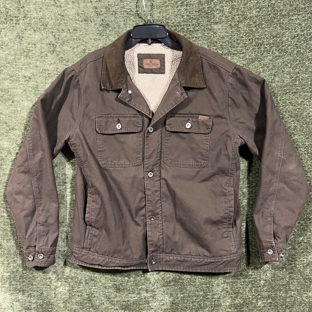 Woolrich Jacket Mens Large Brown Canvas Sherpa Lined Corduroy Collar Trucker 962
